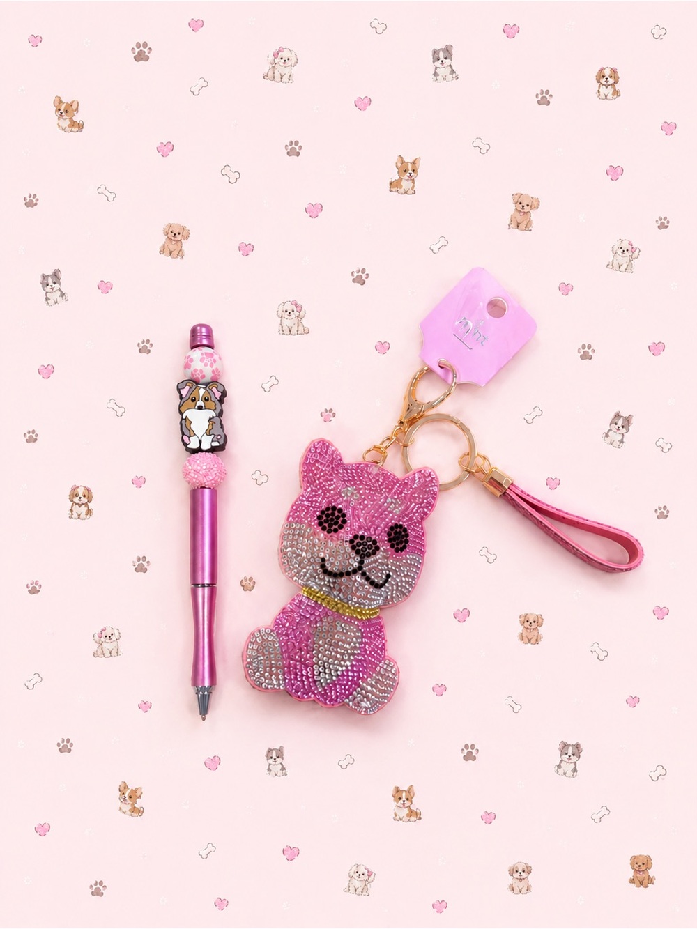 Handmade beaded dog pen with Sparkling Pink dog Keychain Wristlet